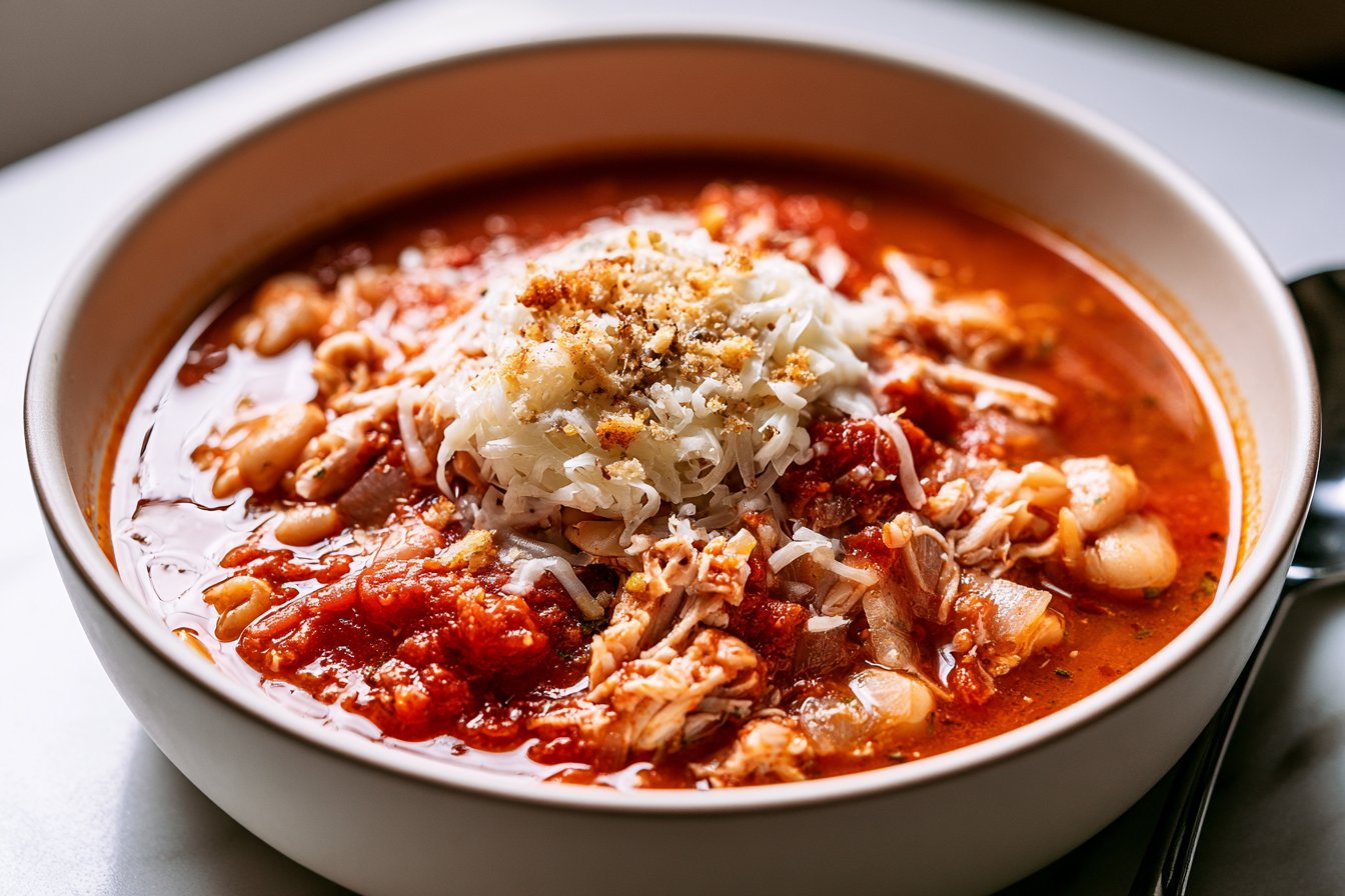 Finished serving of Slow Cooker Chicken Parmesan Soup.