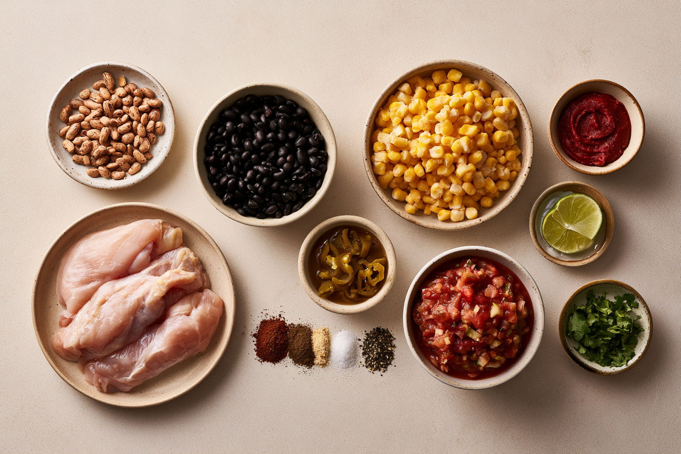 Ingredients measured and arranged for Dump-and-Go Slow Cooker Chicken Rules.