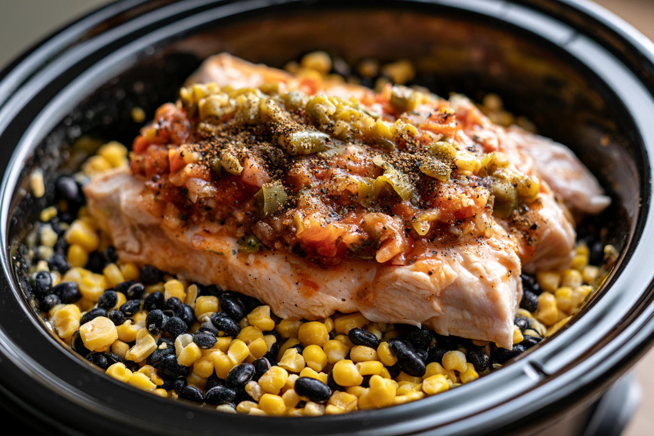 Open slow cooker showing a cooking stage of Dump-and-Go Slow Cooker Chicken Rules.