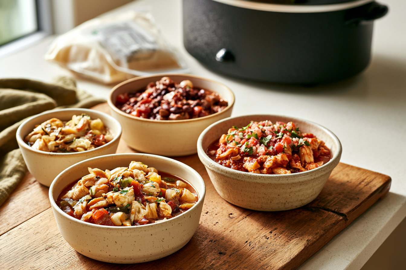 Three different finished high-protein slow cooker meals showing the variety of a freezer meal plan.