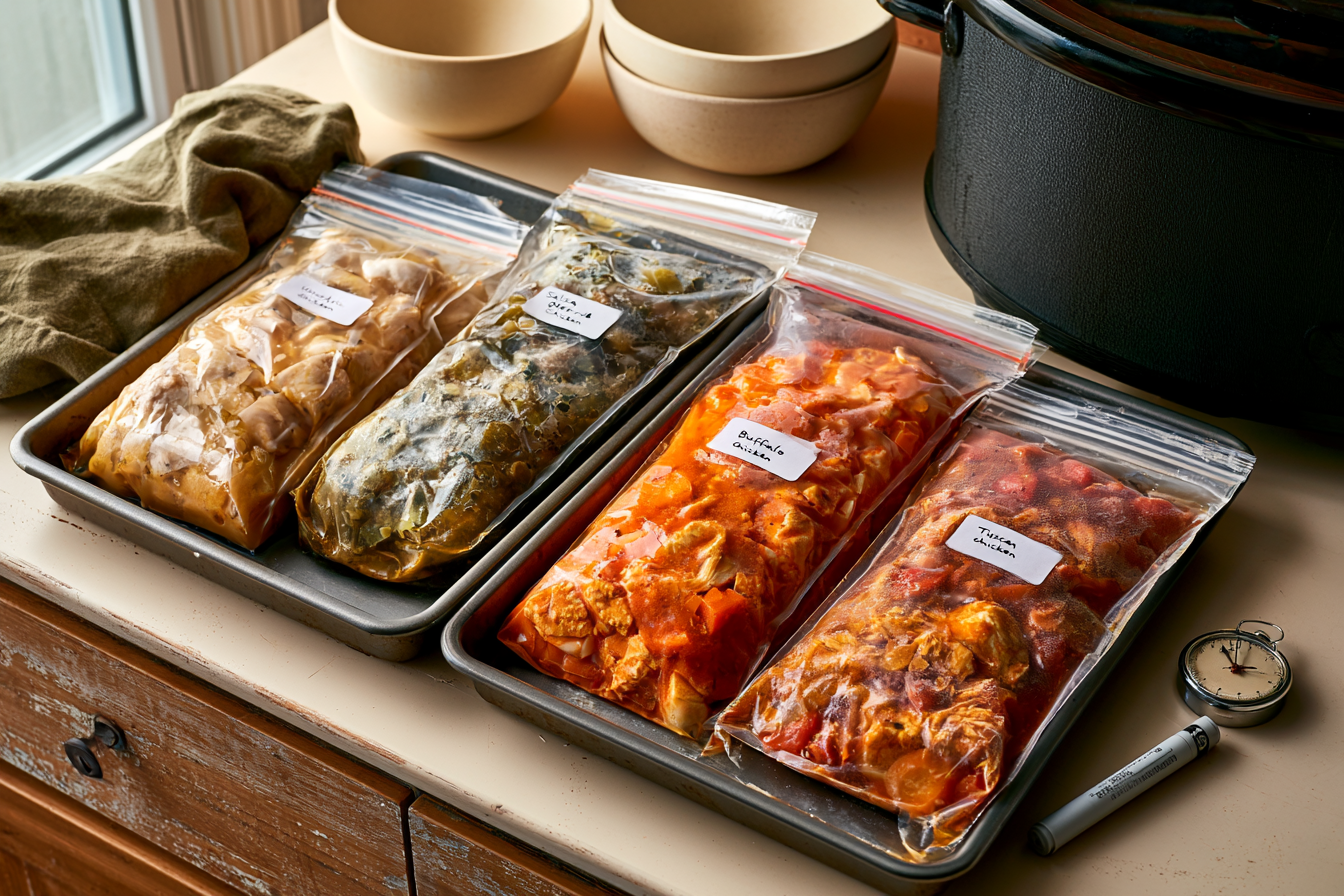 Four sealed and labeled slow cooker freezer meals arranged flat for efficient freezing.