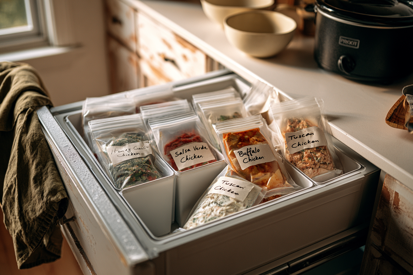 Labeled slow cooker freezer meal bags organized upright inside a home freezer drawer.