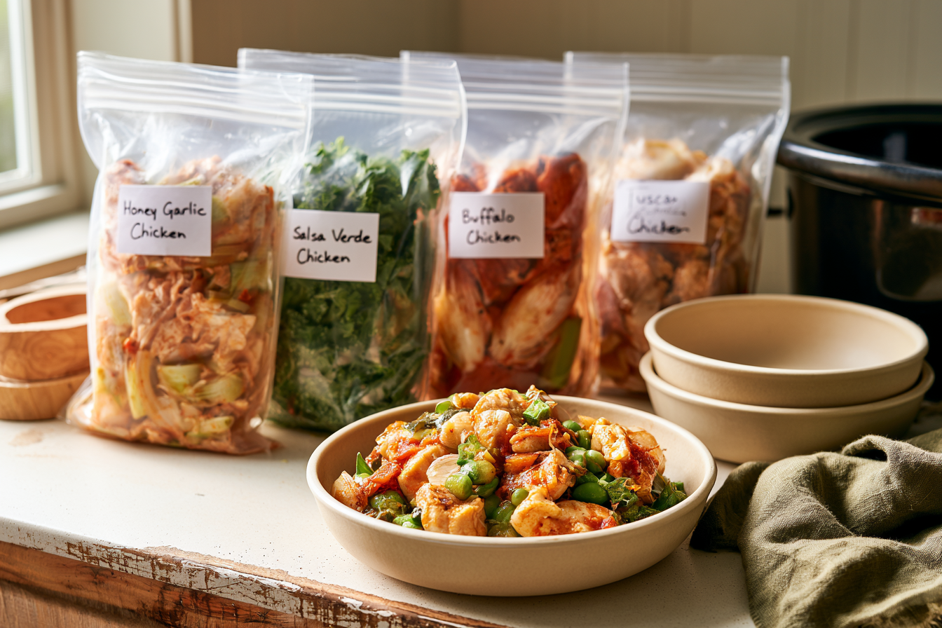 Finished high-protein slow cooker meal with an organized set of labeled freezer meal bags.