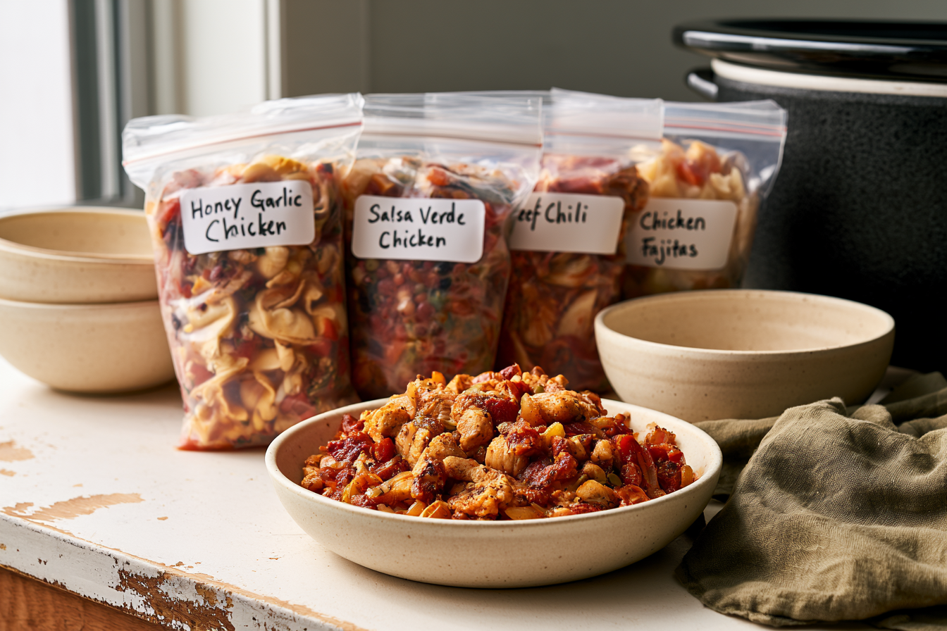 Finished high-protein slow cooker meal with an organized set of labeled freezer meal bags.