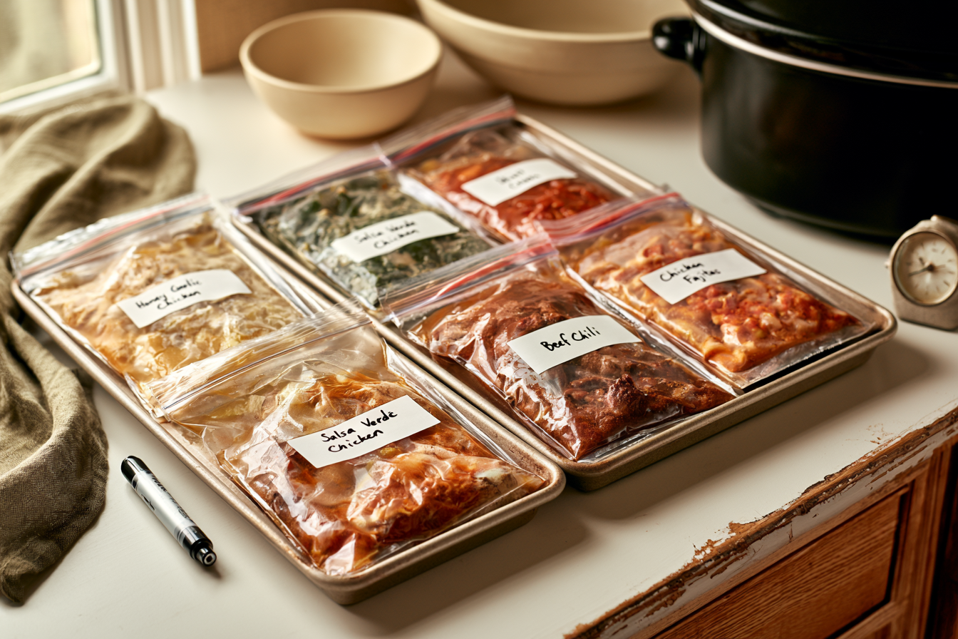 Four sealed and labeled slow cooker freezer meals arranged flat for efficient freezing.