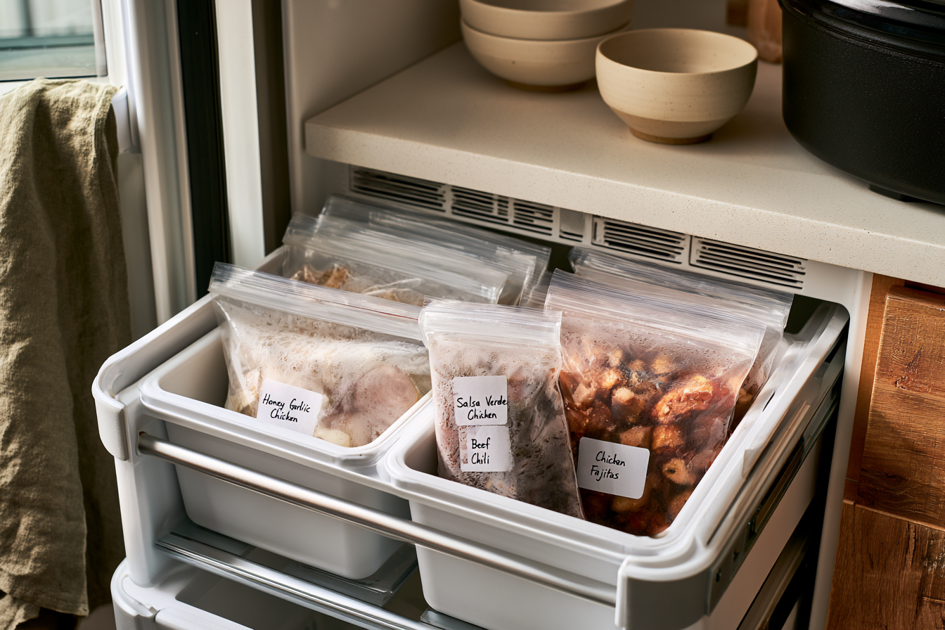 Labeled slow cooker freezer meal bags organized inside a real white household refrigerator-freezer.