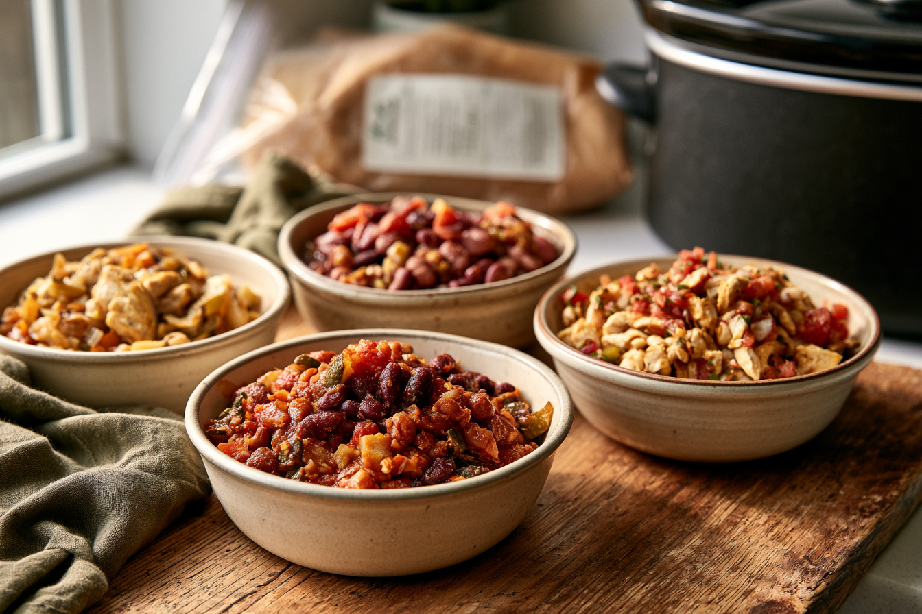 Three different finished high-protein slow cooker meals showing the variety of a freezer meal plan.