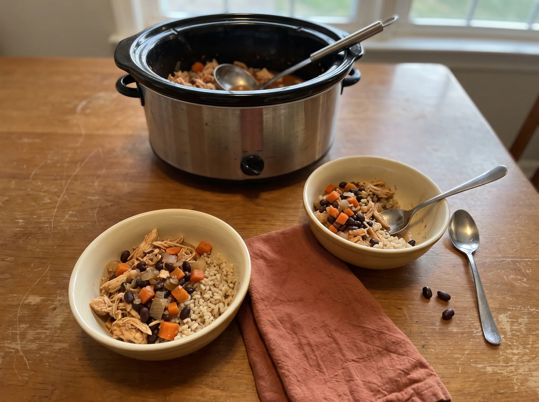 Two bowls of shredded chicken, rice, black beans, and carrots beside a slow cooker.
