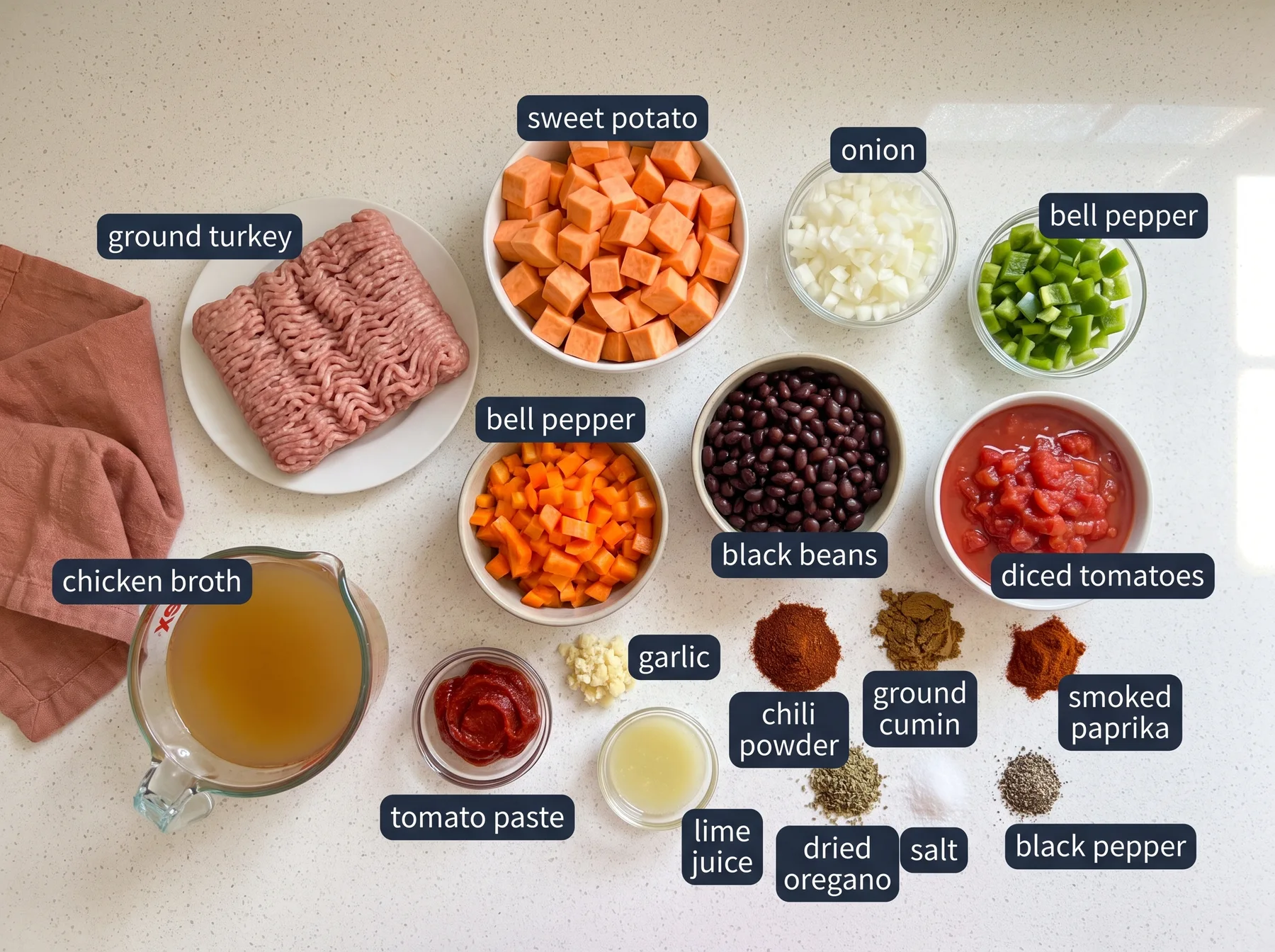 Overhead view of labeled ground turkey, sweet potato, beans, vegetables, broth, and spices for chili.