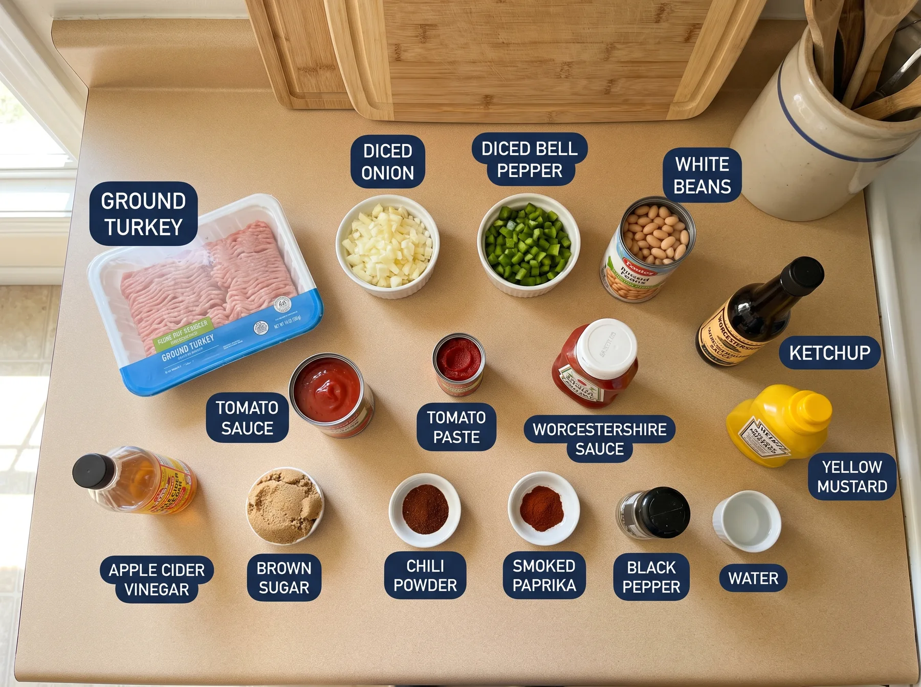 Overhead view of labeled turkey, beans, vegetables, sauces, and seasonings arranged on a kitchen counter.