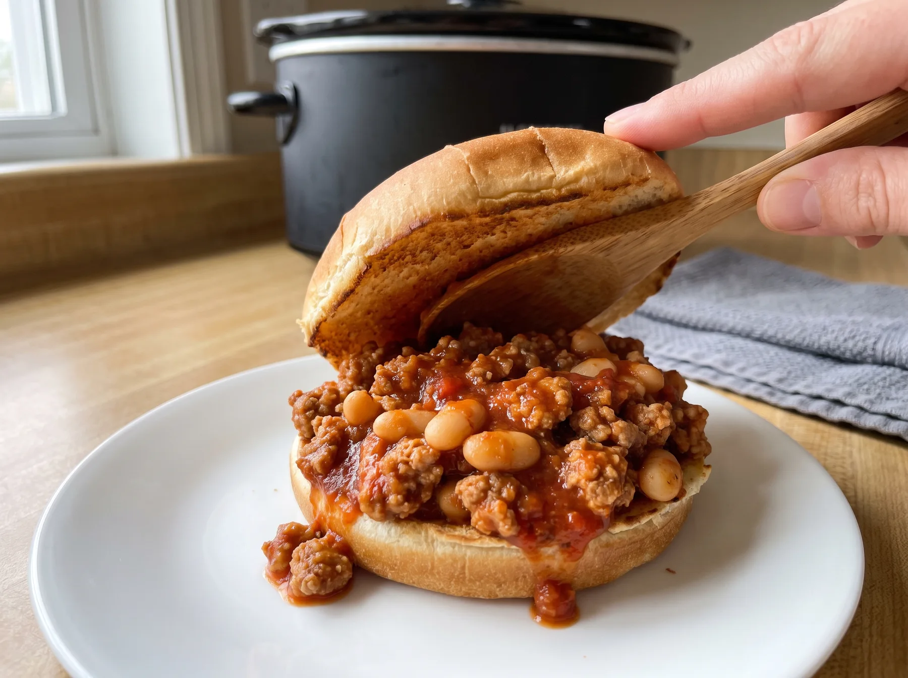 Wooden spoon lifts top bun over white bean and ground meat sloppy joe on plate.