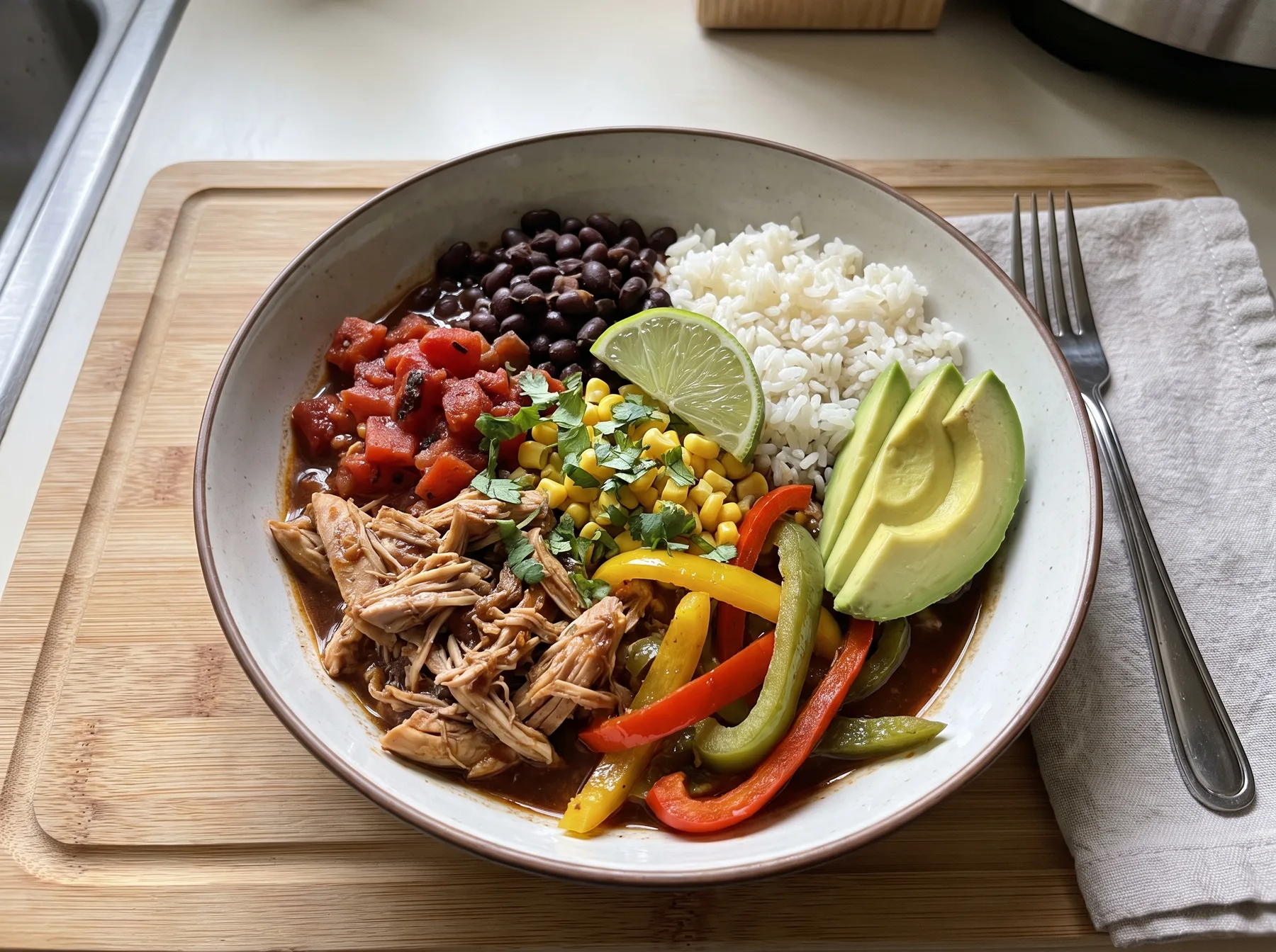 Chicken fajita bowl with shredded chicken, peppers, rice, black beans, avocado, corn, and lime.