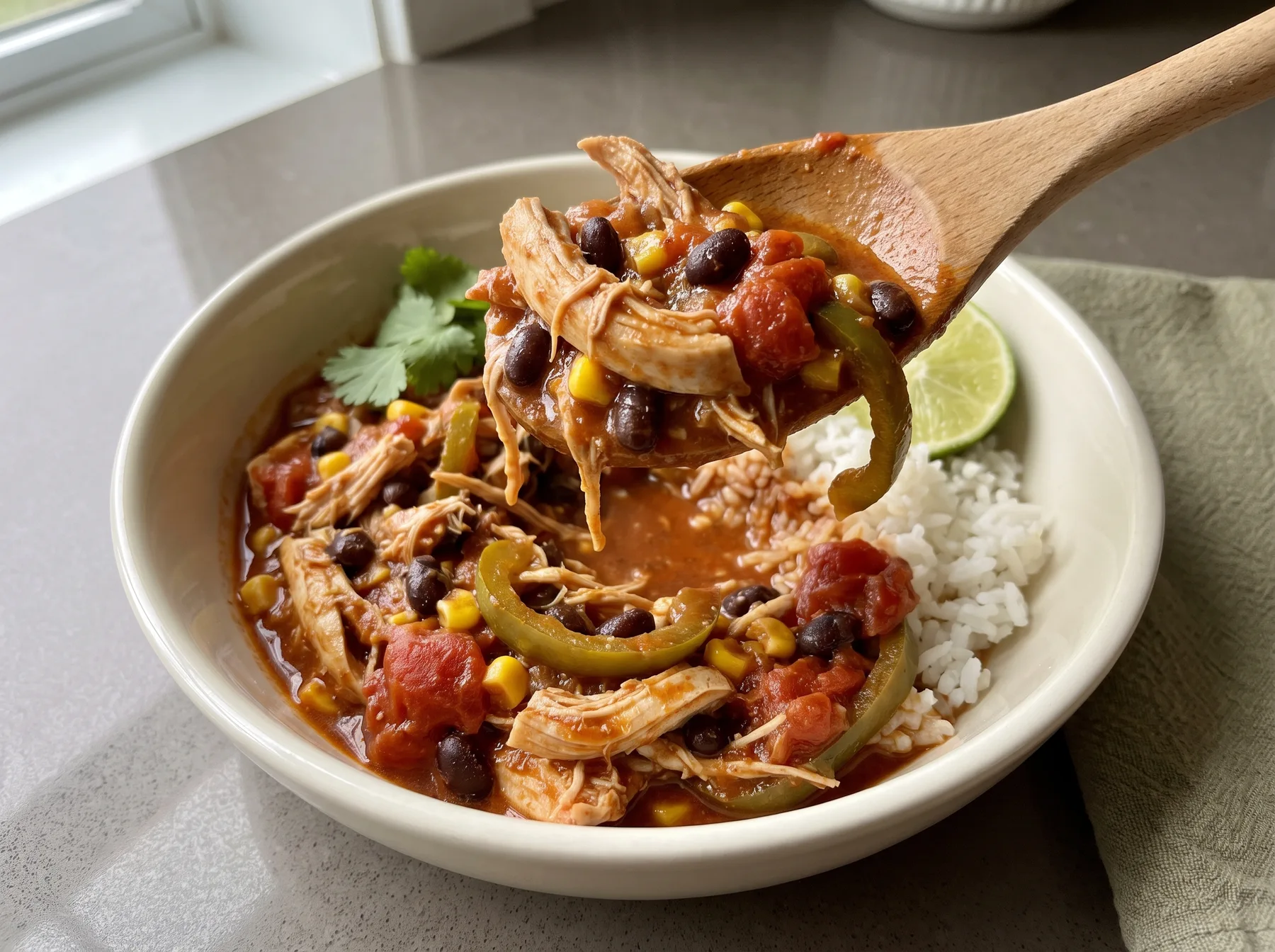 Wooden spoon serving shredded chicken, black beans, peppers, corn, and rice in a bowl