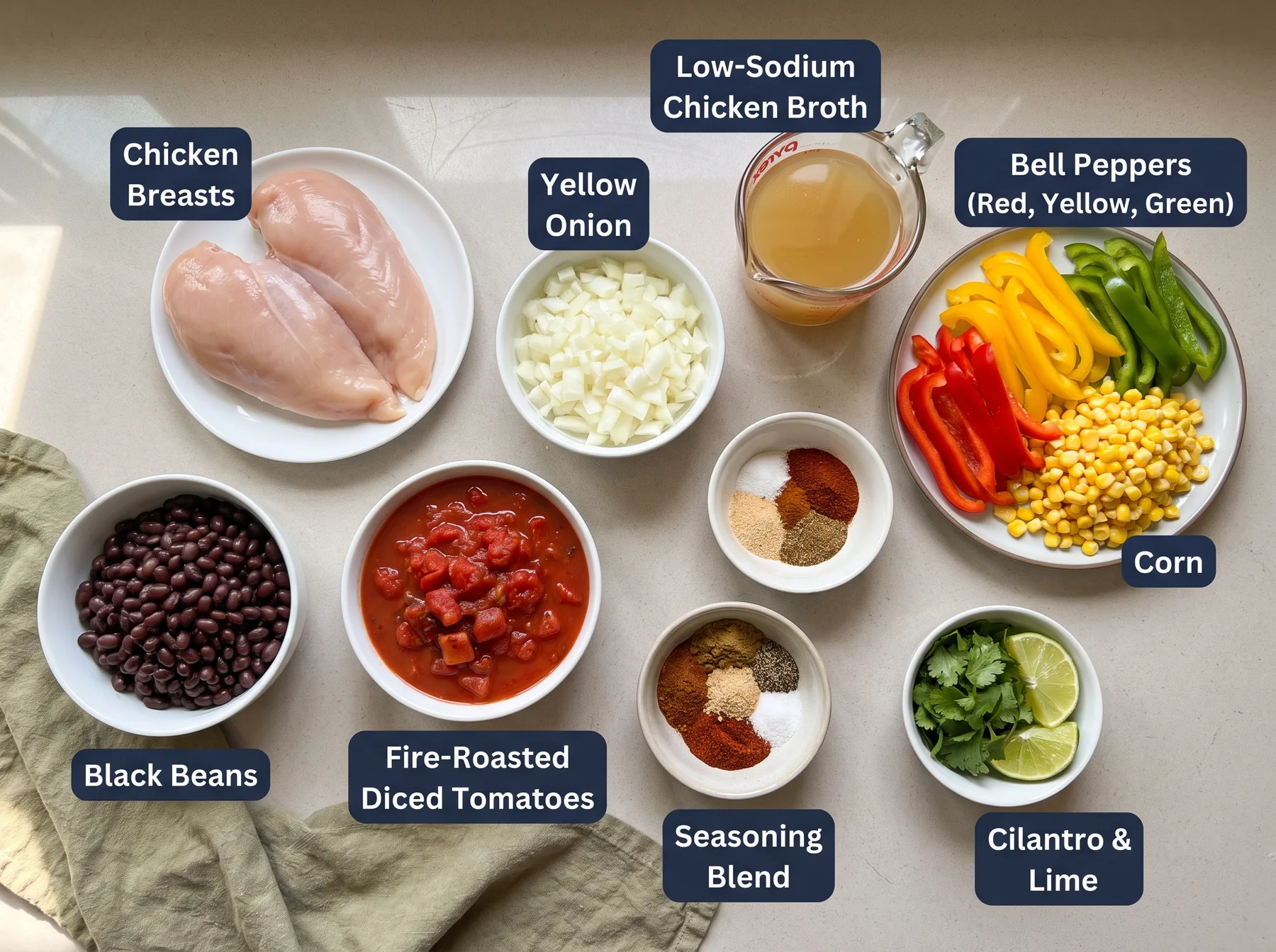Overhead view of labeled chicken, vegetables, beans, tomatoes, broth, spices, cilantro, and lime in bowls.