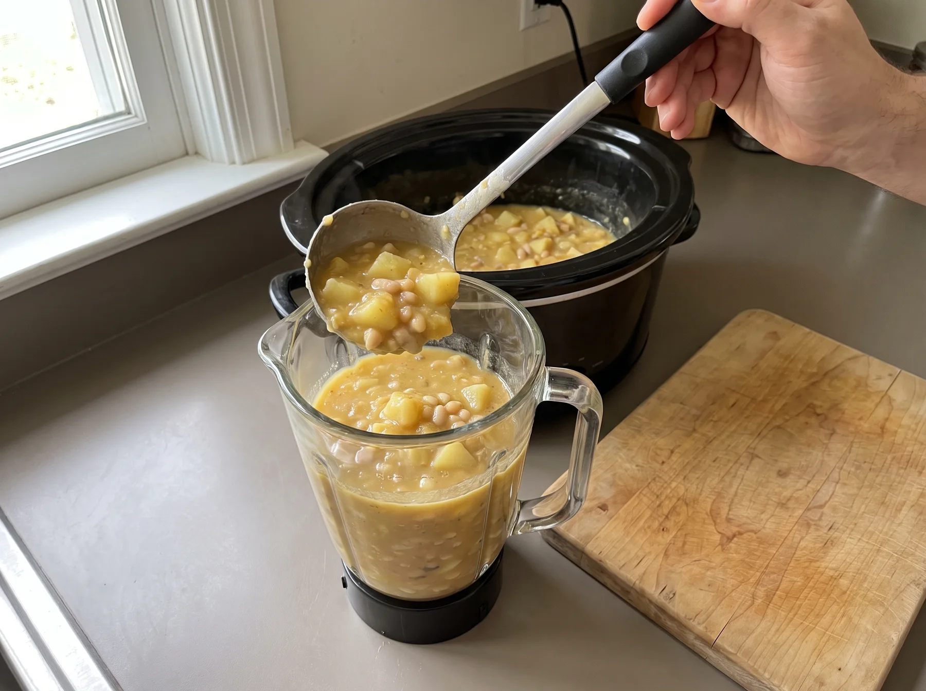 Hand ladles thick chicken corn chowder from a slow cooker into a blender jar.