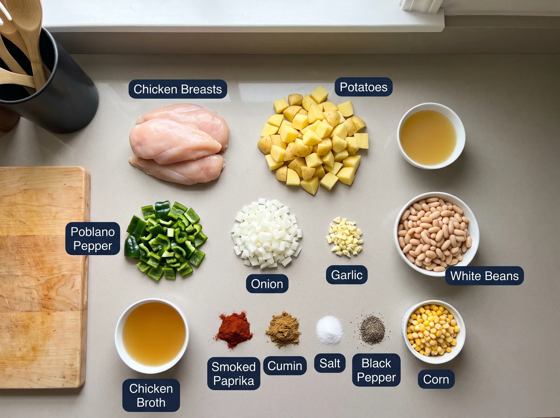 Overhead arrangement of labeled chicken, potatoes, poblano, white beans, corn, broth, and seasonings.