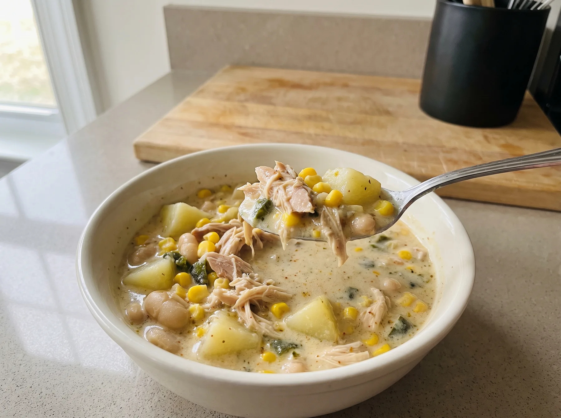 Bowl of creamy chicken corn chowder with potatoes and beans, spoon lifting shredded chicken.