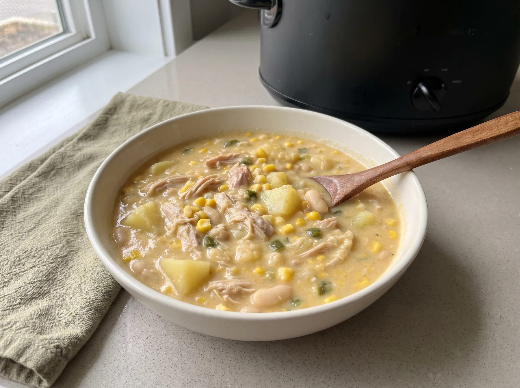 Bowl of creamy chicken corn chowder with potatoes and a wooden spoon beside a slow cooker