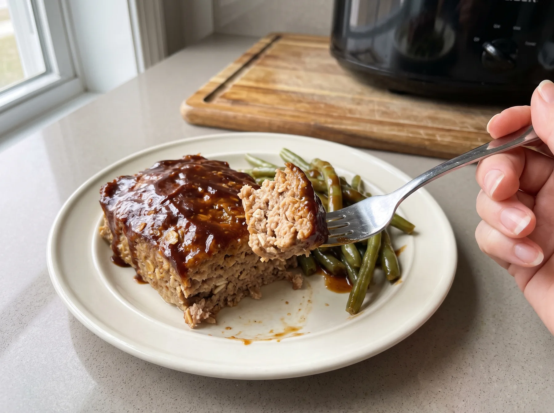 Fork holding a bite of barbecue-glazed turkey meatloaf beside green beans on a plate.