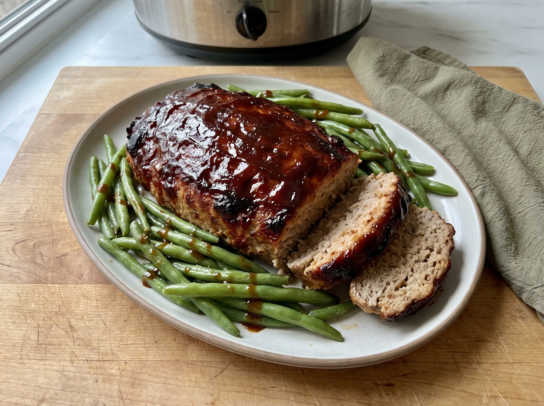 Sliced glazed turkey meatloaf with green beans on a plate beside a slow cooker.