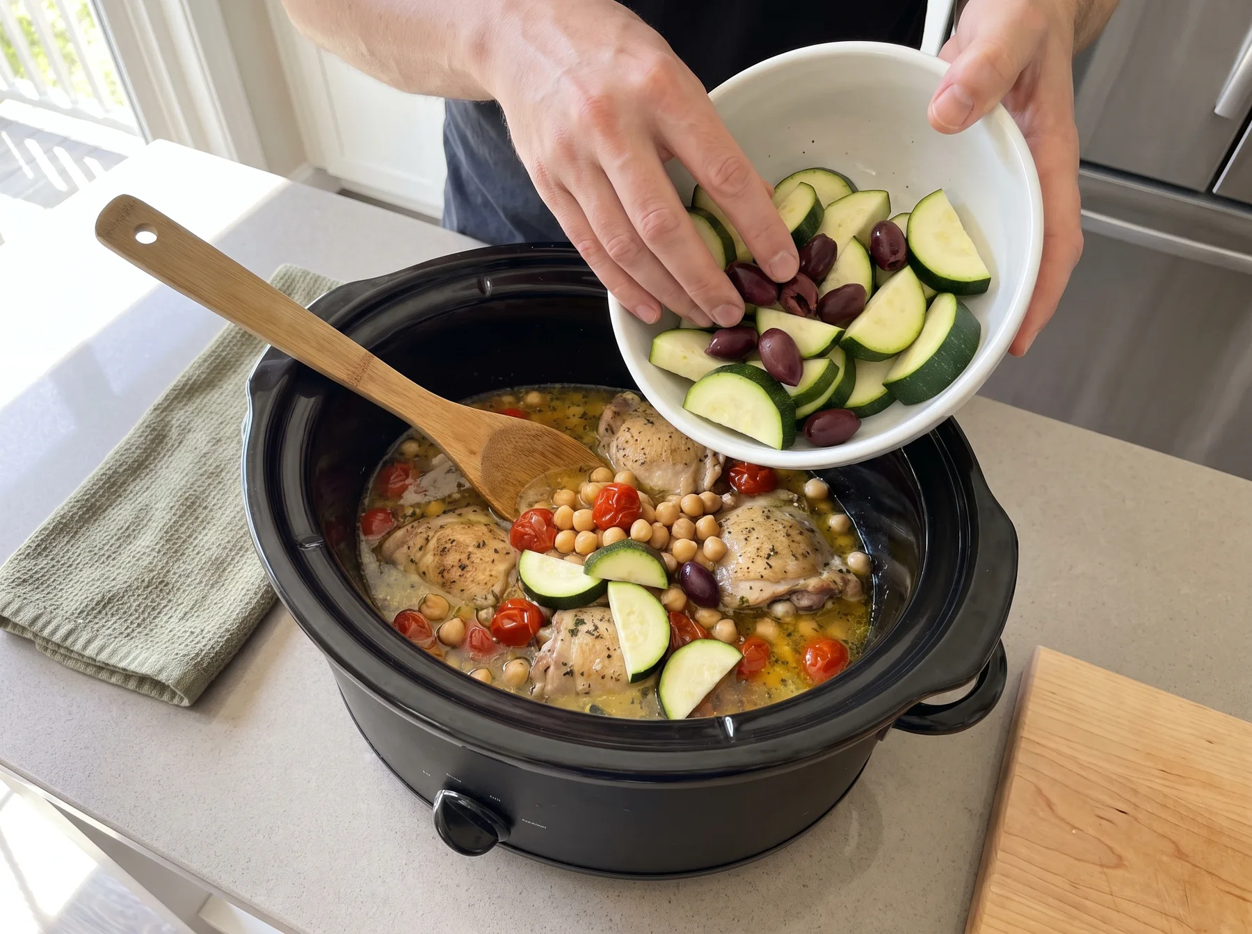 Person adds zucchini and olives to chicken cooking in a slow cooker.