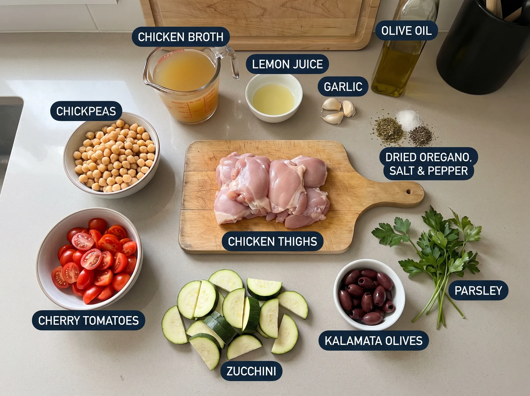 Overhead display of labeled chicken thighs, chickpeas, vegetables, olives, herbs, broth, lemon juice, olive oil, and seasonings.
