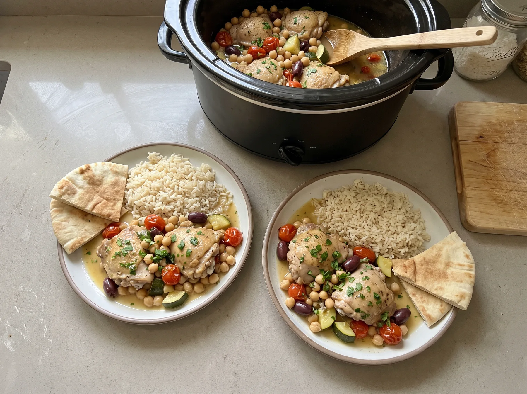 Two plated chicken meals with rice and pita beside a slow cooker filled with chicken, beans, and tomatoes.