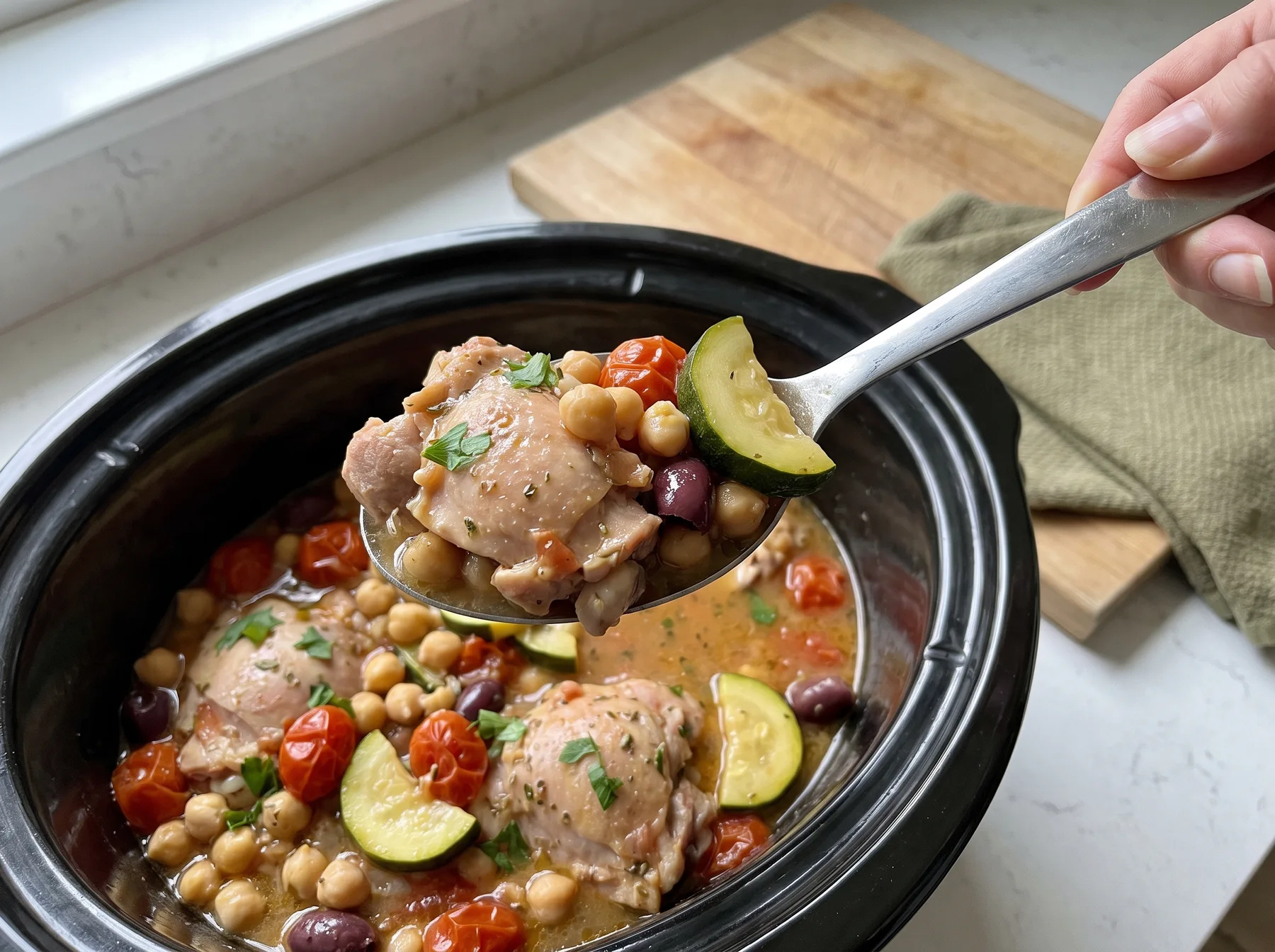A spoon lifts chicken, beans, and a lemon wedge from a slow cooker.