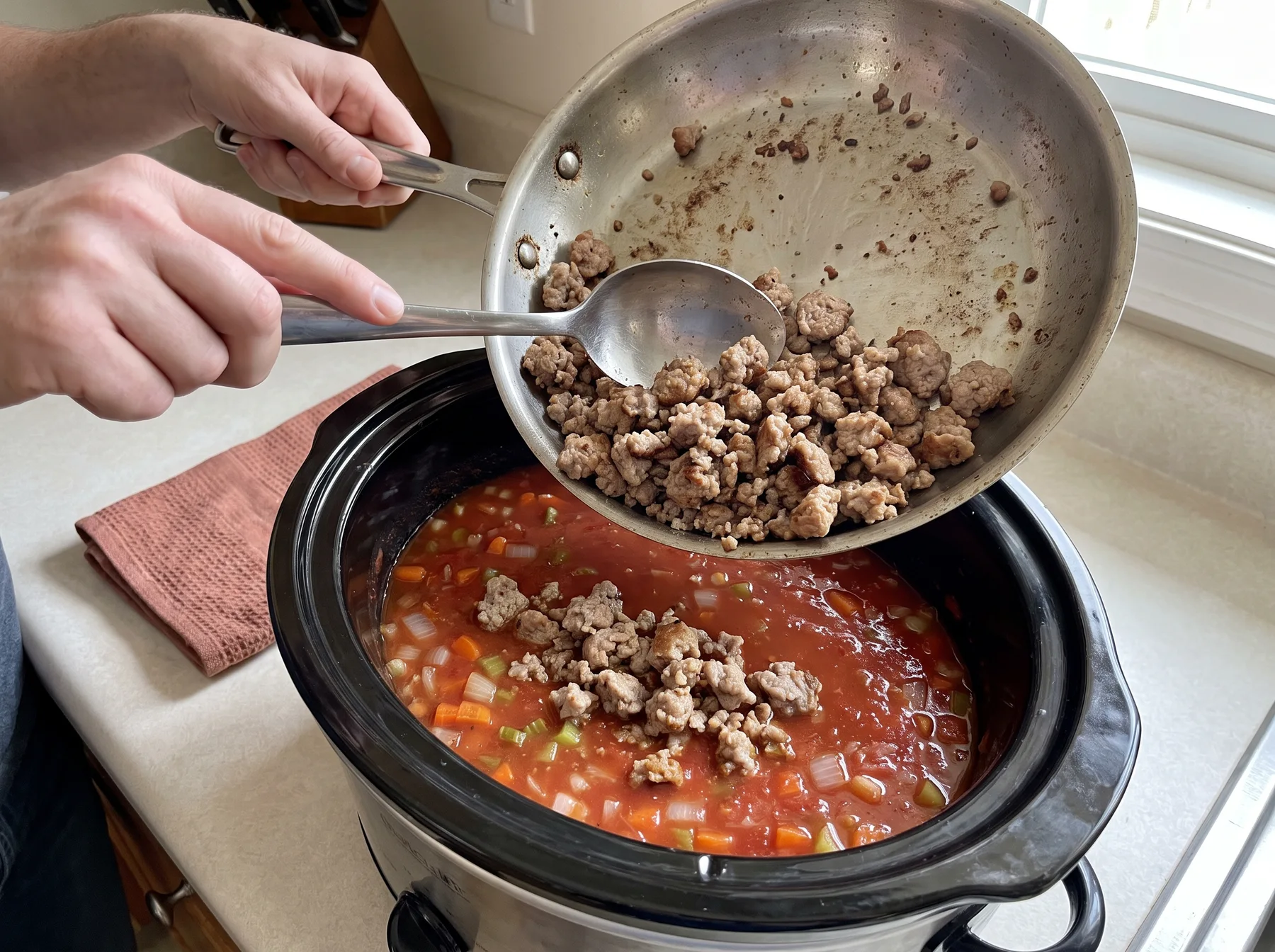 Hands scrape cooked ground meat from a skillet into a slow cooker of vegetable soup.
