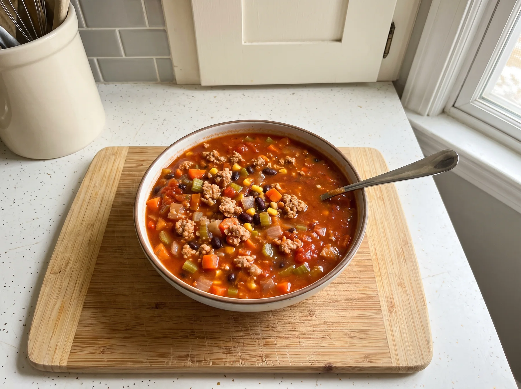 Bowl of beef and bean soup with vegetables and spoon on a wooden cutting board.