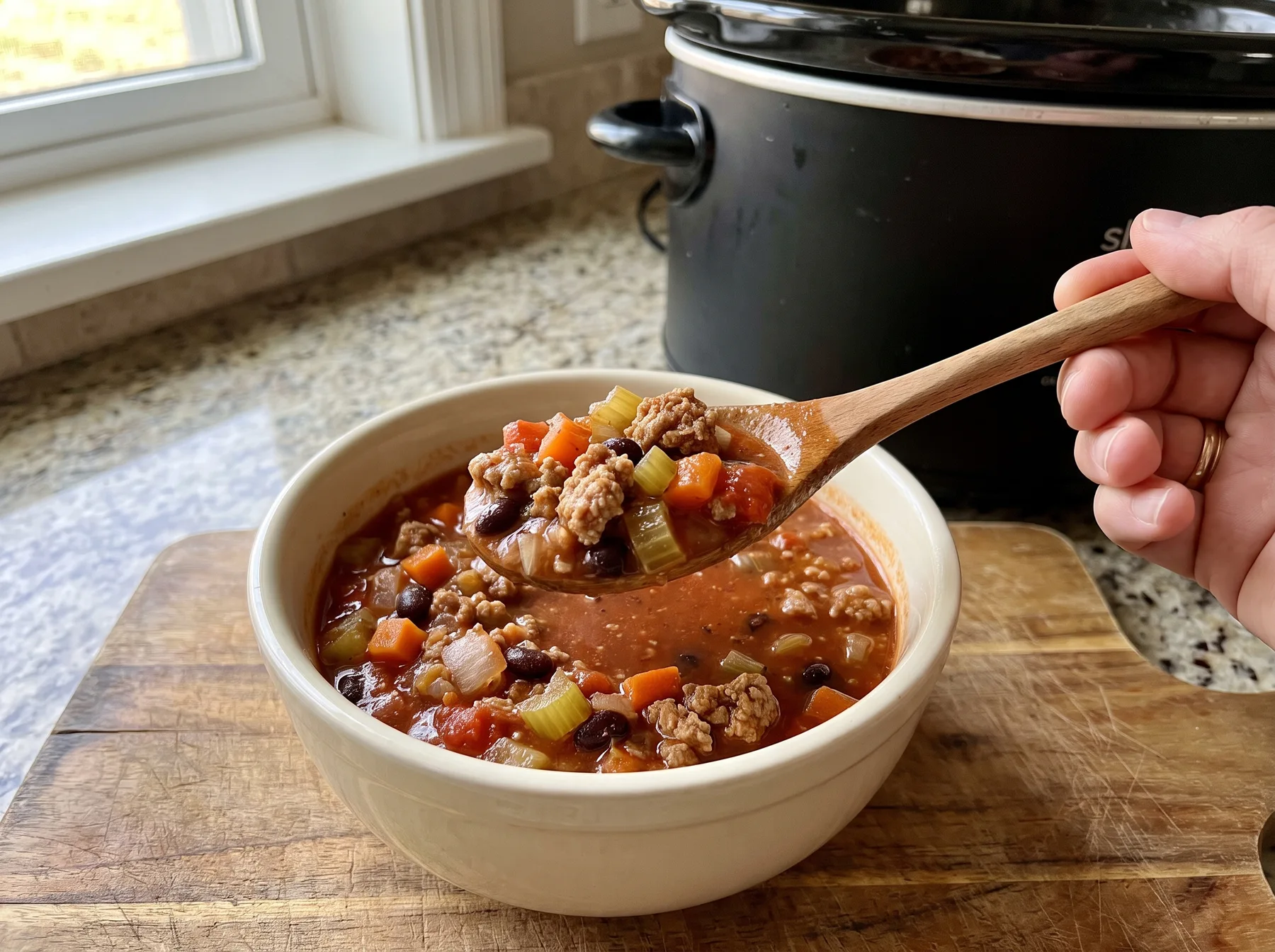 Hand holds a spoonful of beef and bean soup above a bowl beside a slow cooker.
