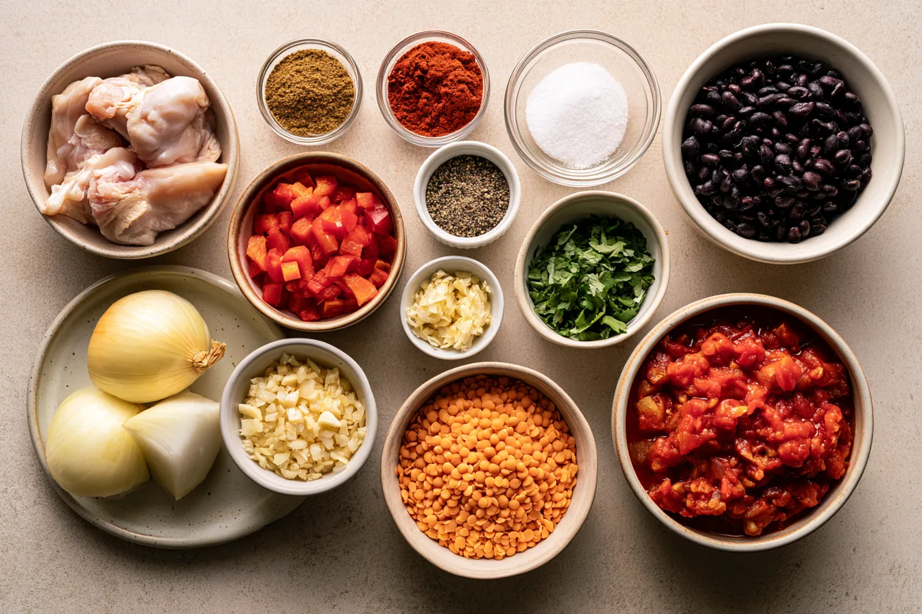 Ingredients measured and arranged for Healthy Slow Cooker Dinners With More Protein.