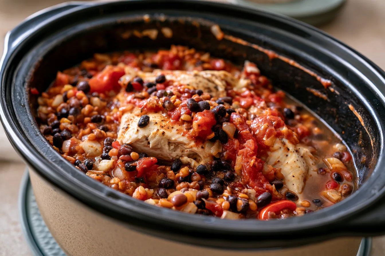 Open slow cooker showing a cooking stage of Healthy Slow Cooker Dinners With More Protein.