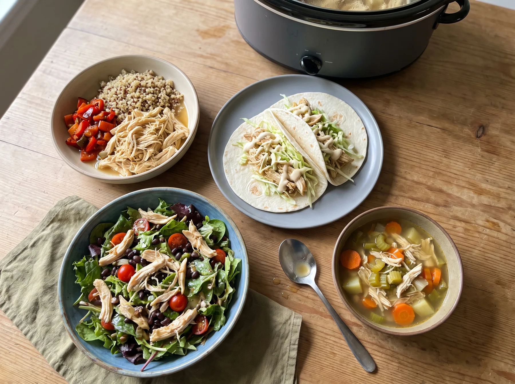 Four chicken meals including grain bowl, tacos, salad, and vegetable soup beside slow cooker