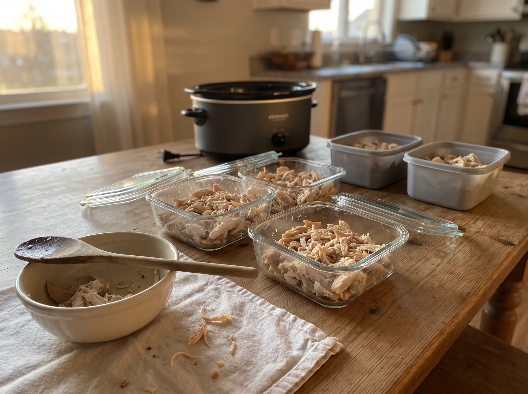 Shredded chicken portioned into glass and plastic containers beside a slow cooker on a kitchen table.