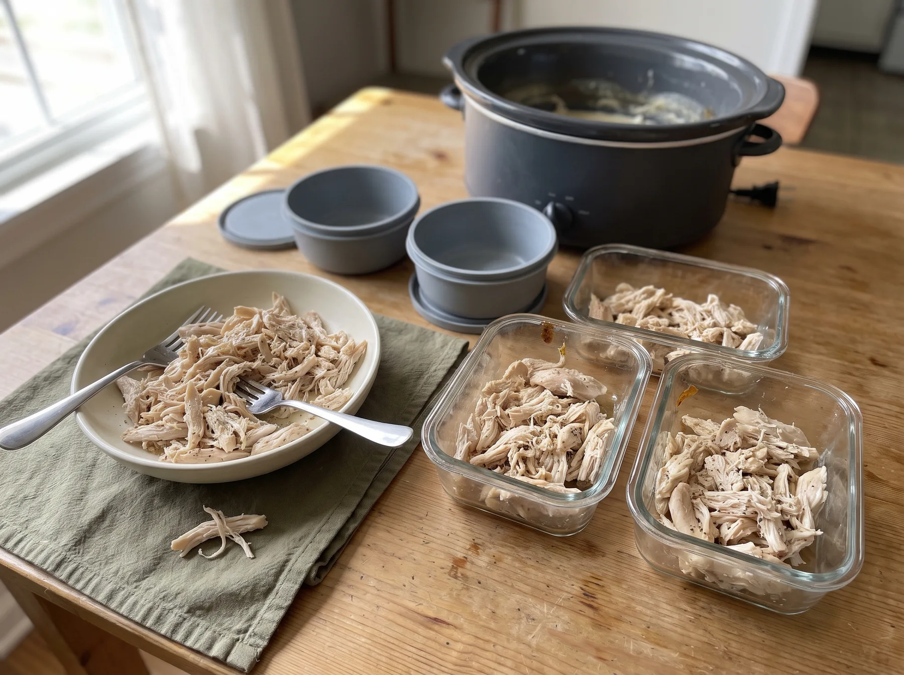 Shredded chicken portioned into glass containers beside an open slow cooker on a wooden table.