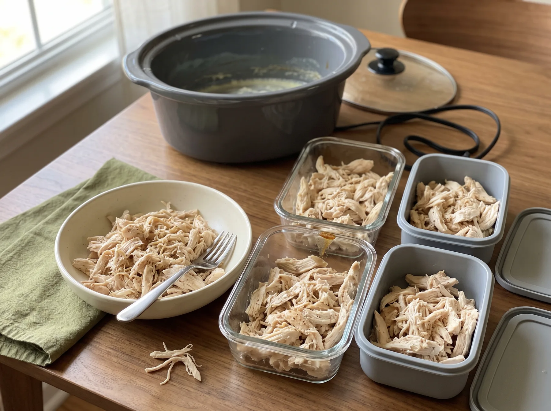 Shredded chicken portioned into storage containers beside a slow cooker on a kitchen counter.