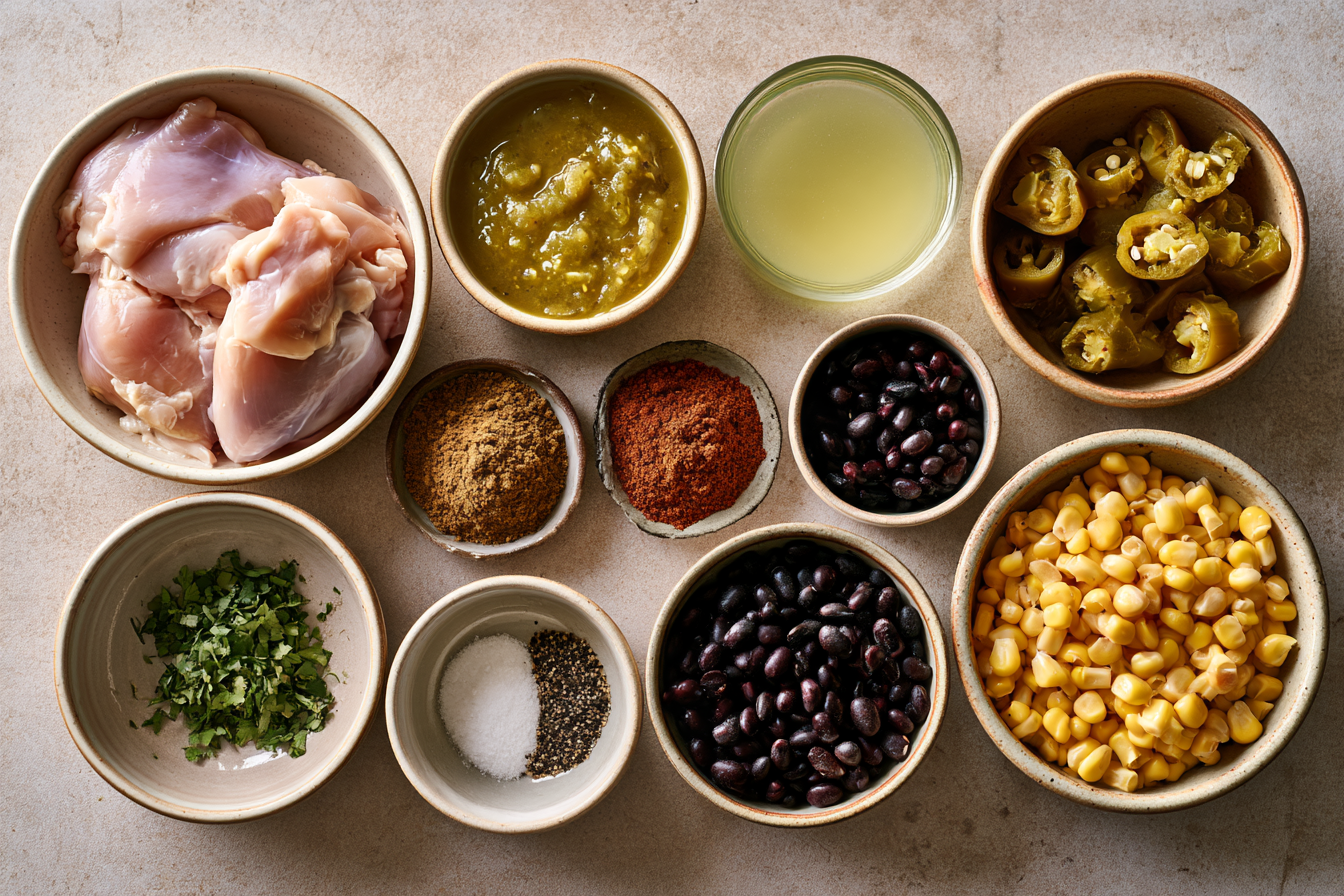 Ingredients measured and arranged for Dump-and-Go Slow Cooker Meals for Weeknights.
