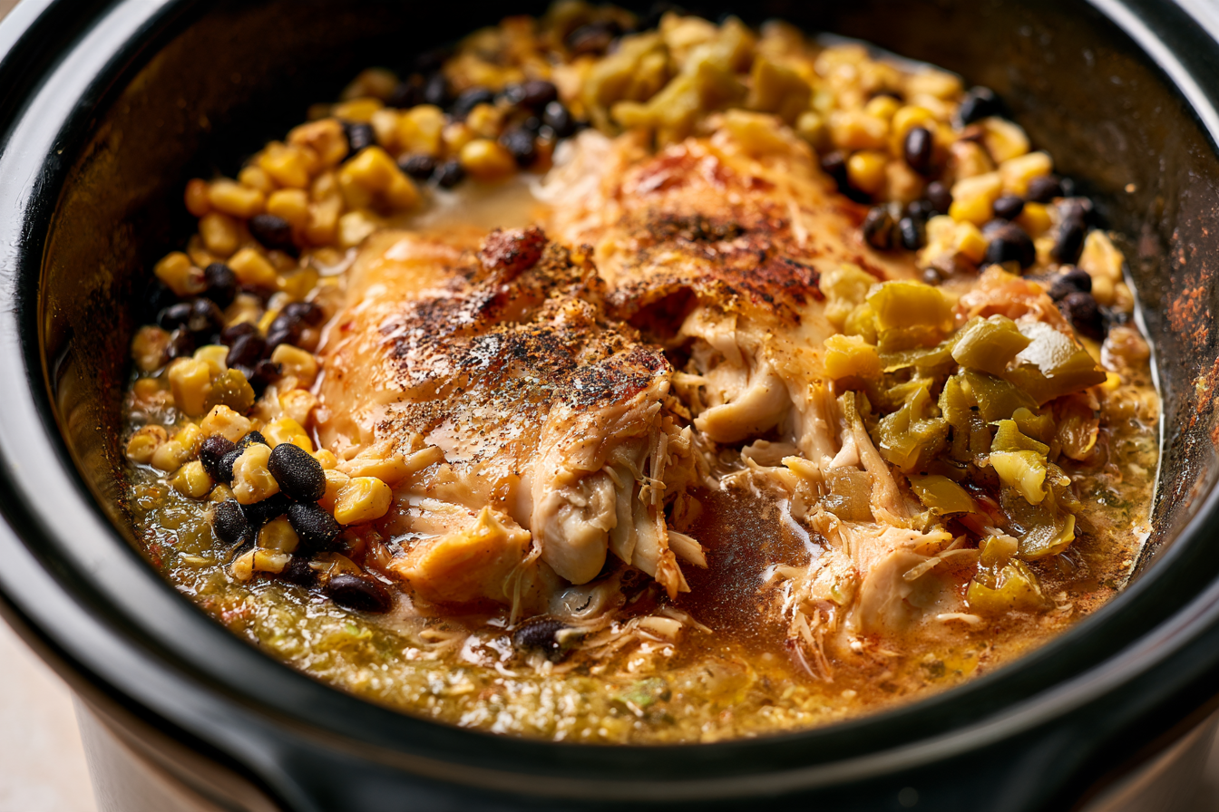 Open slow cooker showing a cooking stage of Dump-and-Go Slow Cooker Meals for Weeknights.