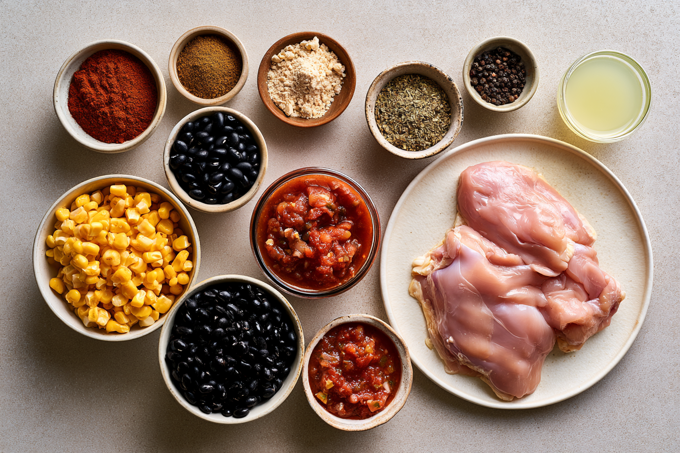 Ingredients measured and arranged for Slow Cooker Meal Prep: A Weekly System.