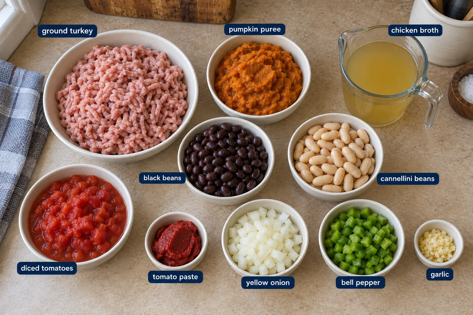 Overhead arrangement of ground turkey, pumpkin puree, beans, vegetables, broth, and canned tomatoes in bowls.