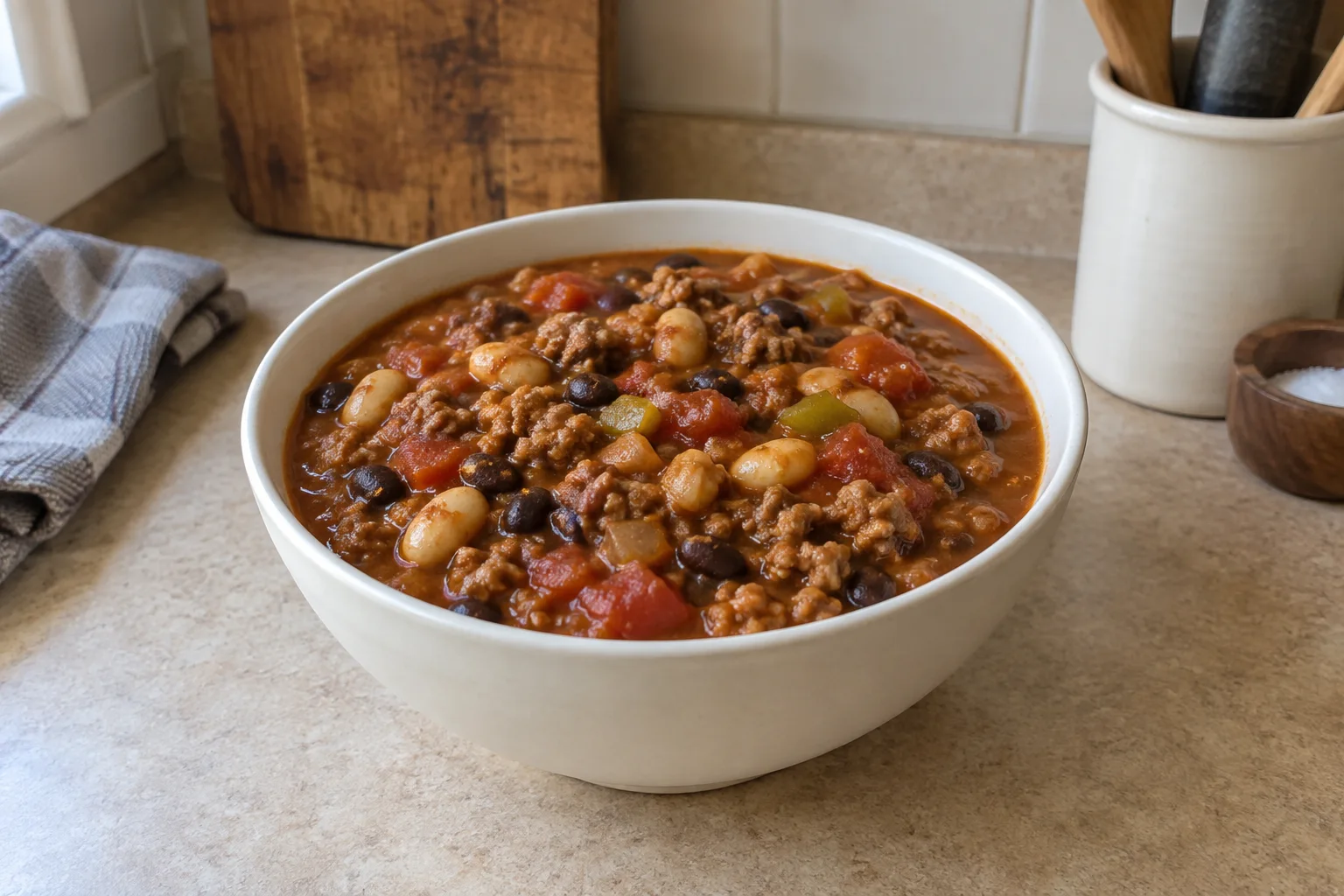 Bowl of pumpkin turkey chili with beans and ground turkey on a kitchen counter.