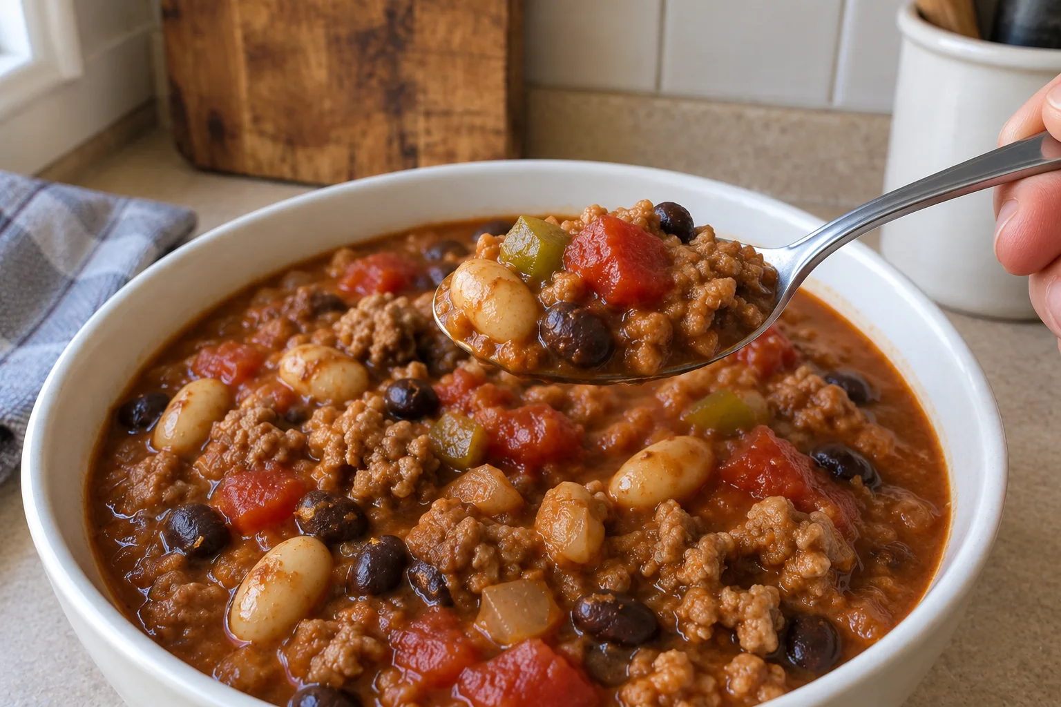 Spoon lifting turkey chili with beans, tomatoes, and peppers from a white bowl.