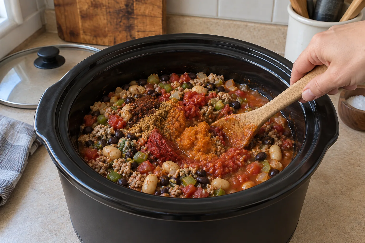 Hand stirs pumpkin turkey chili with beans and tomatoes in a black slow cooker.