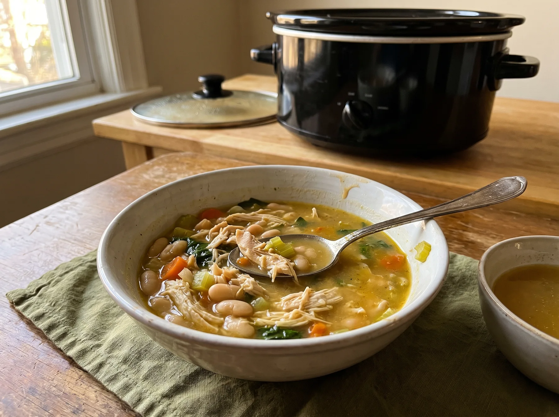 Bowl of chicken, white bean, and vegetable soup with a slow cooker on a wooden table