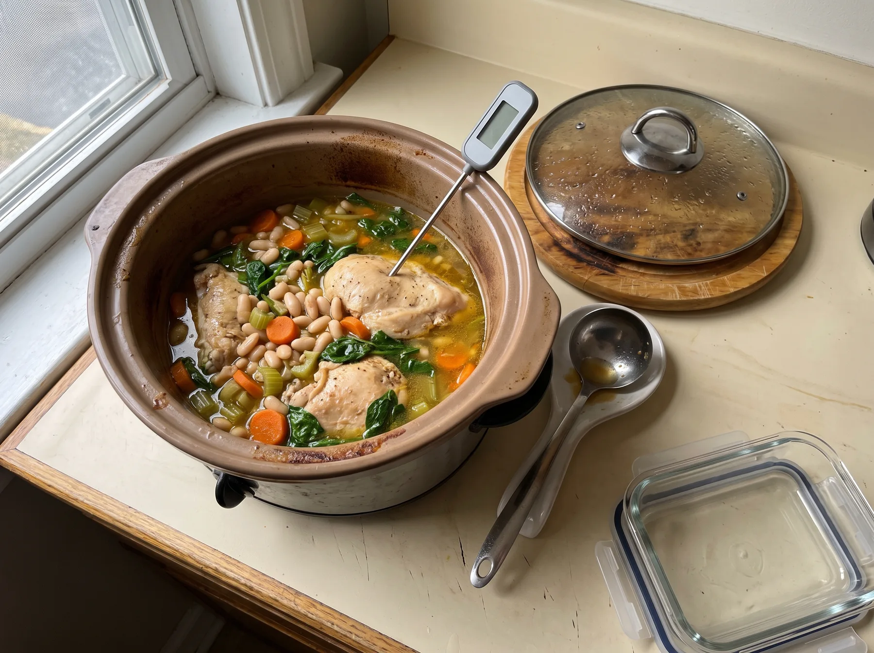 Open slow cooker of chicken, white bean, and vegetable soup with a thermometer and storage container nearby.
