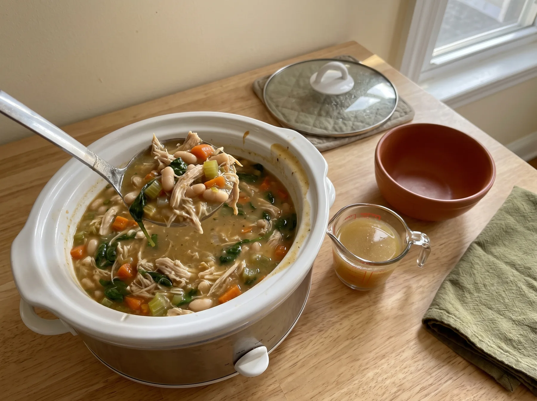 Ladle rests in thick chicken and white bean soup in a slow cooker beside broth.