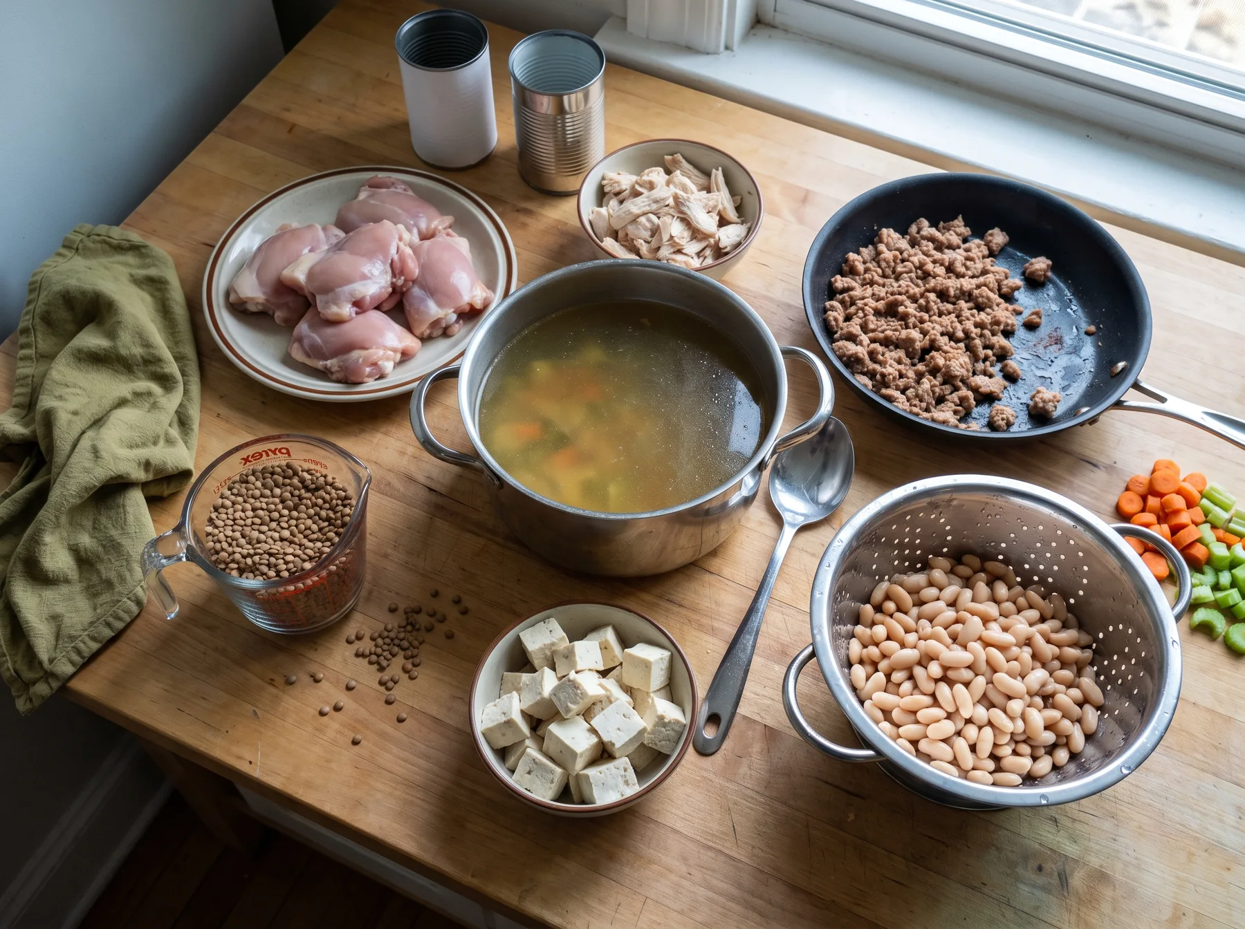 Chicken, shredded meat, ground meat, lentils, tofu, and beans arranged around a pot of broth.