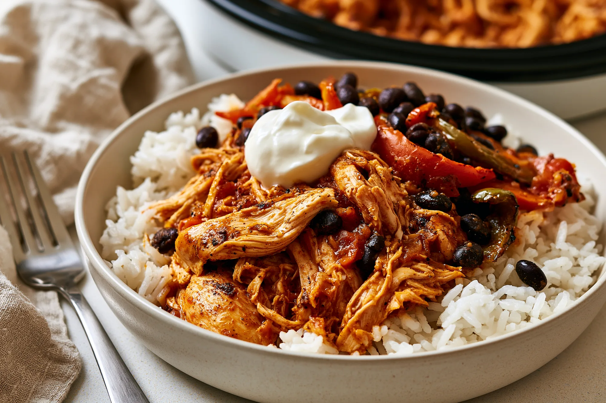 Bowl of shredded chicken, black beans, peppers, rice, and sour cream