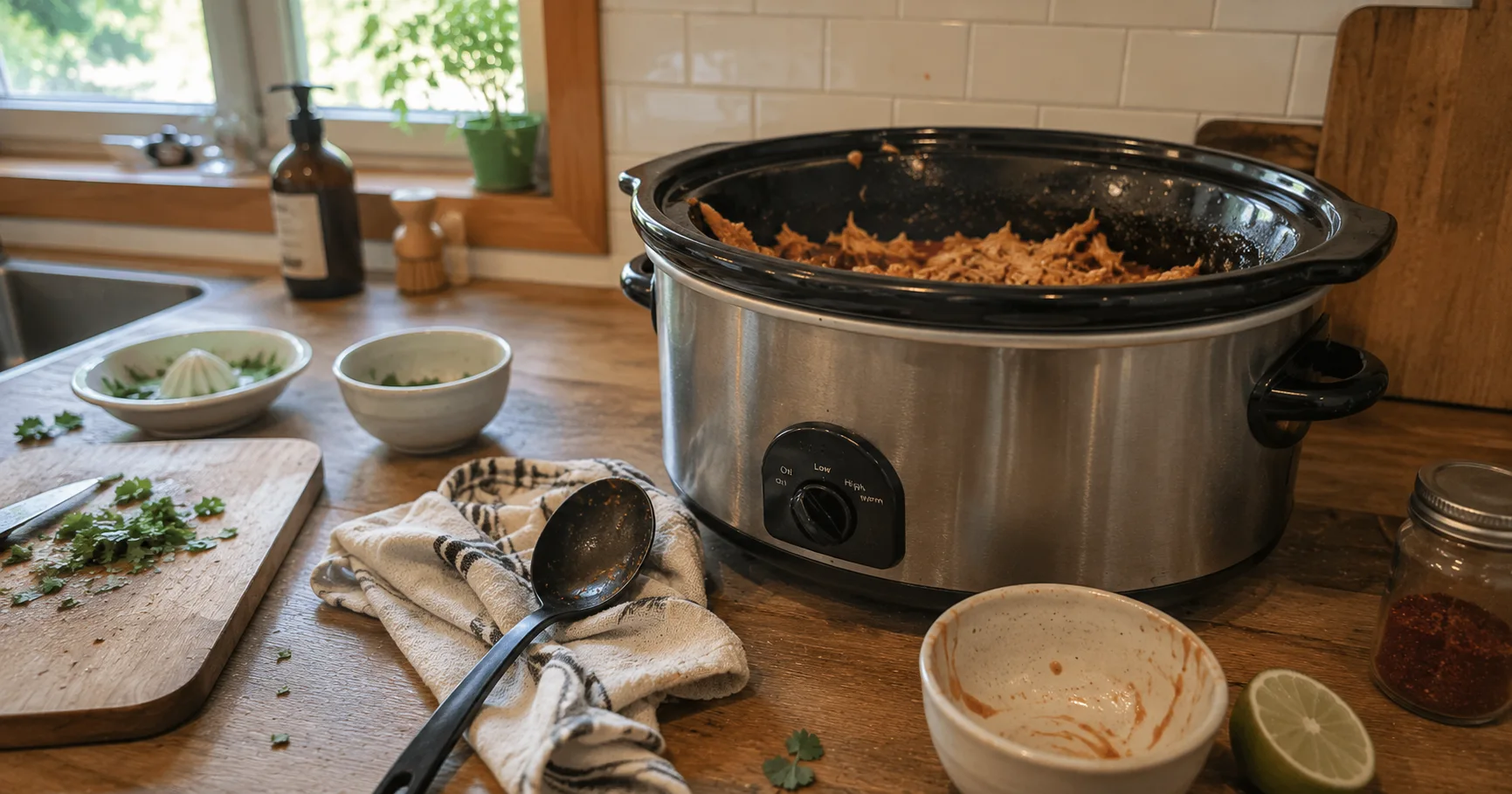 Slow cooker filled with shredded meat on a kitchen counter with bowls and herbs.